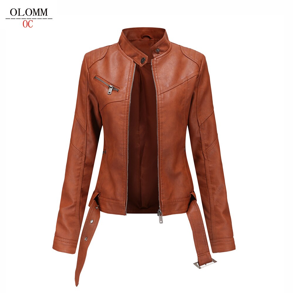 OLOMM DLF 50156M1 Women&s PU Leather Jacket & Strap High-quality Customization Short Slim Fit Coat Long Sleeves Lapel